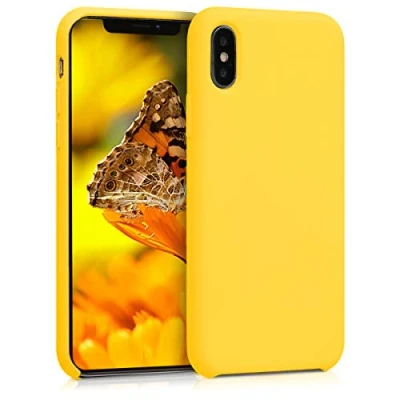 Abbildung von kwmobile Hülle kompatibel mit Apple iPhone X Silikon Handy Case Handyhülle weiche Oberfläche kabelloses Laden Strahlend Gelb