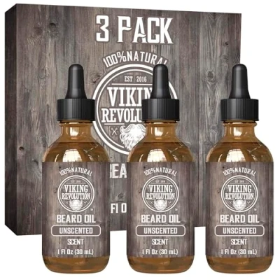 Abbildung von Viking Revolution Unscented Beard Oil for Men Natural Mens with Argan and Jojoba Softener, Strengthens Moisturizes Conditioner (Unscented, 3 Pack)