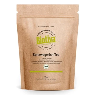 Abbildung von Biotiva Spitzwegerich Tee Bio 250g Plantago lanceolata Spießkraut, Lungenblattl ohne Zusätze vegan 100% Qualität Abgefüllt und kontrolliert in Deutschland
