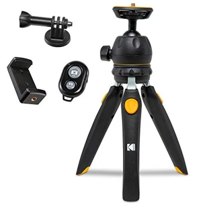 Abbildung von KODAK PhotoGear Mini Stativ mit Fernbedienung, 360 Kugelkopf, kompaktes 22,9 cm Tischstativ, 27,9 Selfie Stick, 5 Positionsbeine, Gummifüße, Smartphone &amp; Action Kamera Adapter, E Guide enthalten
