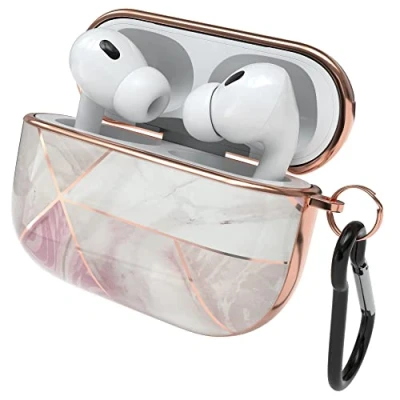 Abbildung von EAZY Case Schutzhülle für AirPods Pro 2 Hülle Pink Hard Stoßfest mit Karabiner geeignet als Schlüsselanhänger Antikratz Etui rutschfest Hardcase Airpod 2. Generation Rosé Marmor Design