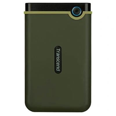 Abbildung von Transcend TS1TSJ25M3G 1TB externe Festplatte (HDD) in dunkelgrün mit Backup Funktion (Datensicherung per Knopfdruck) und Schutzhülle, stoßfest, robust Plug Play