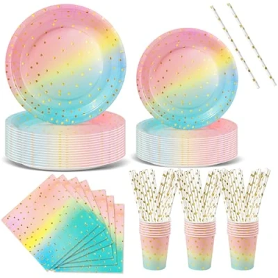 Abbildung von Nkaiso Partygeschirr 120 Stück Regenbogen Kindergeburtstag Mädchen Party Deko Zubehör Set ​Papier Geschirrset einschließlich Pappteller Gabeln Servietten für Hochzeiten Jubiläums 24 Gäste