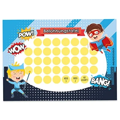 Abbildung von Papierdrachen Belohnungstafel Set für Kinder als Abreißblock 10 Blatt Motivierendes Konzept Erziehungshilfe mit tollen Stickern Jungs und Mädchen Motiv Superhelden 9