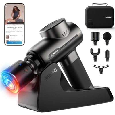 Abbildung von RENPHO Massagepistole mit Wärme und Kälte, Massage Gun Wärmefunktion Bluetooth Ladestation, Tragbare Percussion Muskel Tiefengewebe Massagegerät, Active+ Thermacool Deluxe