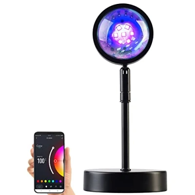 Abbildung von Luminea Home Control Sonnenuntergangsleuchte: Smart RGB Sonnenuntergangs LED Projektionslicht, 15 W, 180, WLAN, App (LED Sonnenuntergangsleuchte, Sunset Lamp, Sonnenlicht)