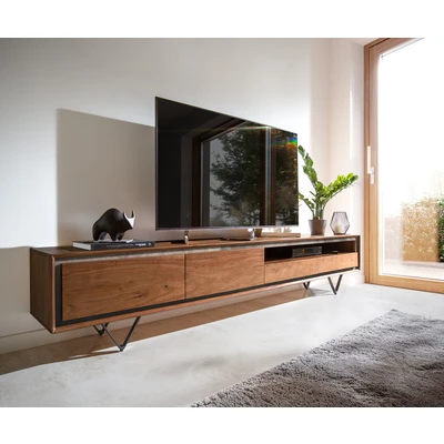 Abbildung von Lowboard Stonegrace 240 cm Akazie Braun Steinfurnier 2 Türen Schubladen 1 Fach V Fuß Schwarz