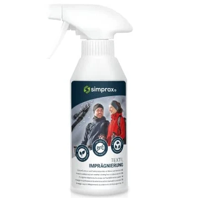 Abbildung von simprax® Textil Spray On Imprägnierspray 250ml Imprägniermittel für Funktionstextilien und Outdoortextilien wie Gore Tex, Sympatex Softshell