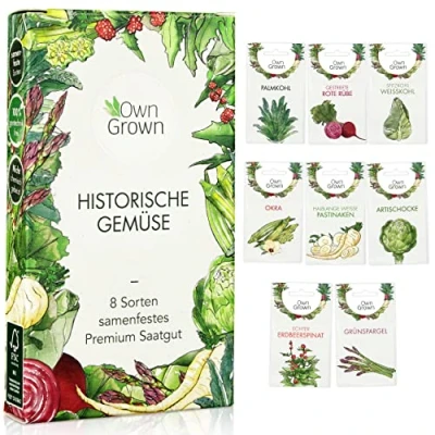 Abbildung von Gemüsesamen Alte Sorten: 8 Sorten Gemüse Samen im Set für Garten und Balkon Artischocken Samen, Spitzkohl Palmkohl Pastinaken, Rote Rübe, Spargel Saatgut v OwnGrown