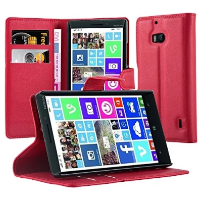 Abbildung von Cadorabo Hülle kompatibel mit Nokia Lumia 929/930 Handyhülle aus Kunst Leder Flip Klappbare Stoßfeste Magnetische [Standfunktion] [Kartenfächern] Cover für Tasche in Rot