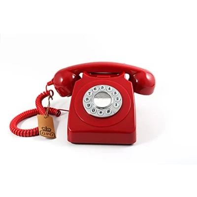 Abbildung von GPO 746 Retro Festnetztelefon im Stil der 70er Jahre mit Druckknopf authentischer Klingelton Rot