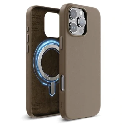 Abbildung von elago Magnetisch Leder Hülle Kompatibel mit iPhone 16 Pro Max 6,9 Zoll, Allen MagSafe Zubehör, Eingebaute Magnete, Veganes Leder, Stöße, Wasserfest (Braun)