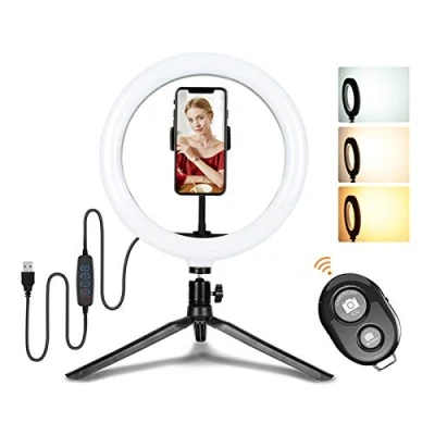 Abbildung von D93DS 10 Zoll Desktop Ringlicht mit Stativ &amp; Handyhalter Dimmbare LED Beleuchtung, 3 Farbmodi, Helligkeitsstufen, Bluetooth Fernbedienung für Beauty Fotografie, Live Streams, YouTube, TikTok