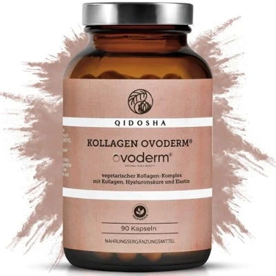 Abbildung von Ovoderm® Kollagen Komplex Kapseln von QIDOSHA®, vegetarisches aus Eierschalenmembran, natürlicher Kollagen, Elastin &amp; Hyaluronsäure, 90 Stk im Apothekerglas, deutsche Fertigung