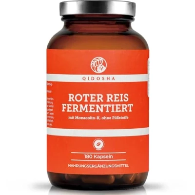Abbildung von QIDOSHA® Roter Reis fermentiert mit Monacolin K, 180 Kapseln im Apothekerglas, 600mg Rotschimmelreis je Kapsel, davon 2,95mg jede Charge in externen Laboren geprüft, deutsche Fertigung