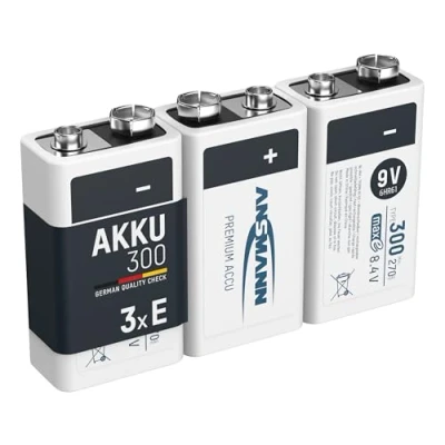 Abbildung von ANSMANN Akku 9V Block Typ 300mAh NiMH 3 Stück mit geringer Selbstentladung Wiederaufladbare Batterien maxE hoher Kapazität 9 Volt Batterie für Messgerät Multimeter Spielzeug Fernbedienung