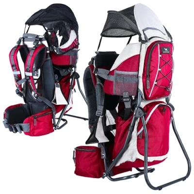 Abbildung von DROMADER Kraxe Kindertrage bis 22kg Kindertragerucksack für Kinder tragbare Kinderrückentrage Reise Kinderkraxe mit Aufbewahrungstasche, Sonnendach und Regenschutz Rot