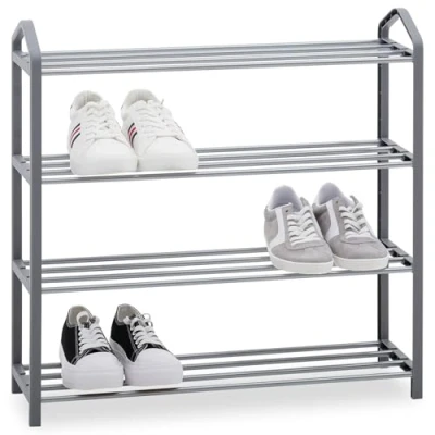 Abbildung von IDIMEX Schuhregal Tralee grau platzsparend mit 4 Ablagen für Flur oder Eingangsbereich Schuhständer aus Metall modernes offenes Design, Schuhablage