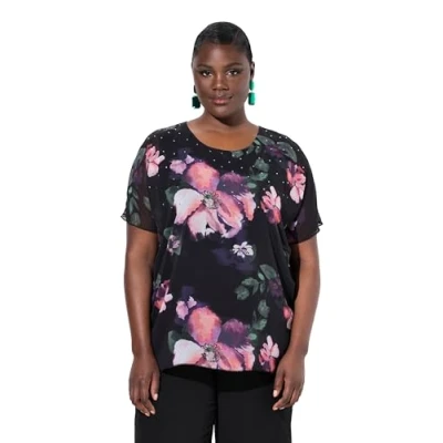 Abbildung von Ulla Popken Longbluse Chiffonbluse doppellagig A Linie Rundhals Halbarm