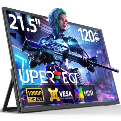 Abbildung von UPERFECT Portable Monitor 21.5 Zoll 120Hz Tragbarer 1300:1 1920 * 1080 Full HD IPS Bildschirm Integrierter Halterung Mini HDMI USB C für PC Laptop Spielkonsole, Metallgehäuse, VESA Kompatibel