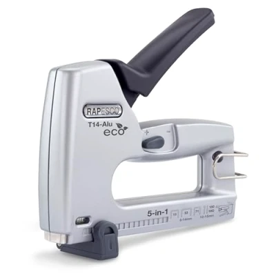 Abbildung von Rapesco 1766 ECO T14 ALU 5 in 1 Heftklammer/Nagelpistole, Verwendet Heftklammern des Typs 13, 53 &amp; 71, Nägel 18G und Serie 180 Stiftnägel, Grau