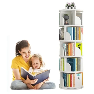 Abbildung von uyoyous 5 stufiges Drehbares Bücherregal Standregal Drehregal Weiß Drehbar Hohes Aufbewahrungs Display Regal Boden Stehend Regale für Haus Wohnzimmer Studie Büro
