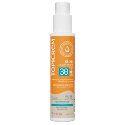 Abbildung von Topicrem Sun Protect, feuchtigkeitsspendendes Sonnenspray für Gesicht und Körper, LSF30 Sonnenflüssigkeit, sehr hoher Schutz, spendet 8 Stunden Feuchtigkeit Pflege empfindliche Haut, ab 3