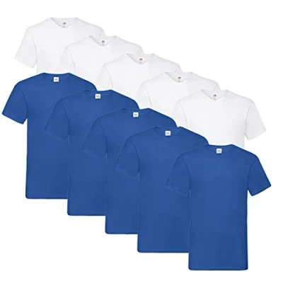 Abbildung von Fruit of the Loom Herren V Neck Valueweight T Shirt (10er Pack) (XXL, 5X Weiss, Royal + 1 HLKauf Block)