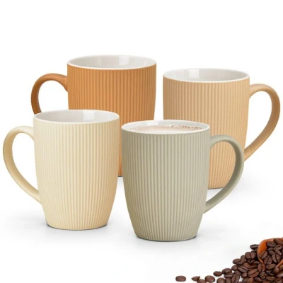 Abbildung von matches21 HOME &amp; HOBBY Tasse Kaffeetassen 4er Set einfarbig gerippt Pastellfarben Rillen, Keramik, Tee Kaffee Becher, modern, orange beige creme grün, 300 ml