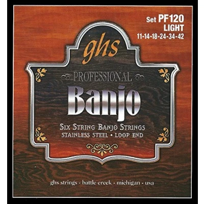 Abbildung von GHS Professional PF120 Banjo String Set, 6 String, Loop End, Stainless Steel, Light, .011 .042