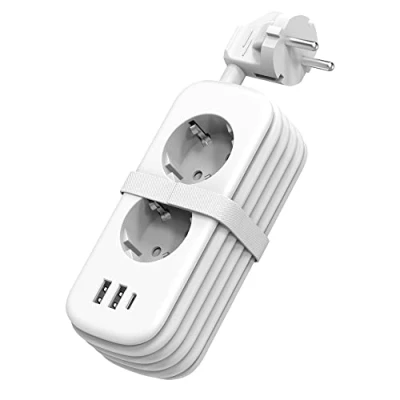 Abbildung von Unidapt Steckdosenleiste mit USB, 2 Fach Reise Mehrfachsteckdose 3 USB Ladegerät Schreibtisch Schalter Kompatibel Phone usw, Verlängerungskabel für Reisen und Büro,1.5m Kabel Weiß