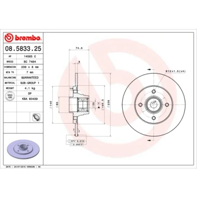 Abbildung von BREMBO BEARING DISC LINE 08.5833.25 Bremsscheibe 238 8 4 voll mit Radlagersatz, ohne ABS Sensorring RENAULT: CLIO 2, 1