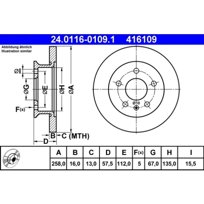 Abbildung von ATE 24.0116 0109.1 Bremsscheibe 258,0 16,0 5 112,0 voll VOLKSWAGEN: TRANSPORTER 3 Bus, Kasten, Pritsche/Fahrgestell