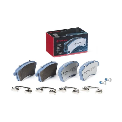 Abbildung von BREMBO P 68 044E Bremsbelagsatz exkl. Verschleißwarnkontakt mit Bremssattelschrauben, Anti Quietsch Blech Zubehör RENAULT: Kangoo II Express