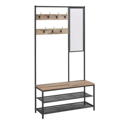 Abbildung von VASAGLE Kleiderständer, Garderobe, Garderobenständer mit Haken, Spiegel, Sitzbank, 35 x 98 180 cm, für Eingangsbereich, Schlafzimmer, Wohnzimmer, Industrie Stil, Kamelbraun tintenschwarz HSR415K01