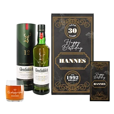 Abbildung von Herz &amp; Heim® Glenfiddich 0,7l Whisky Geschenk Set zum Geburtstag/inkl. Schokolade, Whiskyglas und Geschenkbox/personalisiert