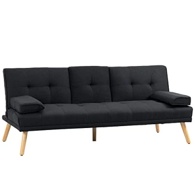 Abbildung von HOMCOM Schlafsofa, 3 Sitzer Schlafcouch mit Klappbarem Tisch, Becherhalter, Bettsofa Leinenoptik, im Skandi Design, bis 250 kg Belastbar, für Wohzimmer, Grau