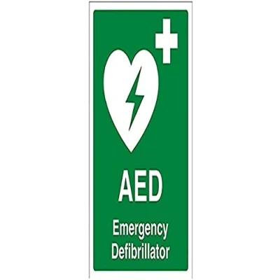Abbildung von vsafety 31034 an s &quot;AED Notfall Defibrillator&quot; Erste Hilfe Allgemeine Schild, selbstklebend, Hochformat, 150 mm x 200 mm, grün