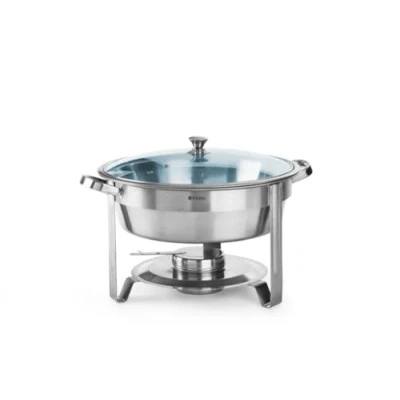 Abbildung von HENDI Chafing Dish, Rund, mit Glasdeckel einem Brennpastenbehälter und Lebensmittelpfanne, Warmhaltebehälter, Speisewärmer, Behälter, Silber, 3,5L, ø390x(H)270mm