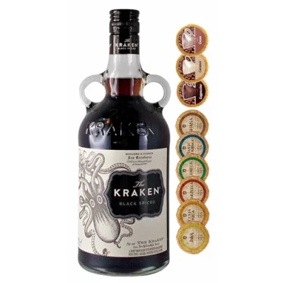 Abbildung von Kraken Black Spiced Rum + 9 Edelschokoladen in Geschmacksvariationen