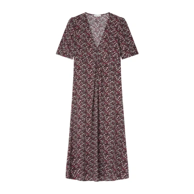 Abbildung von SPRINGFIELD Damen VestidoconcuelloenVmedio,botonesdelmismotejido,cremallerainvisibleybandaelástica Gerafftes, Print midi, Standardschwarz 7, 36