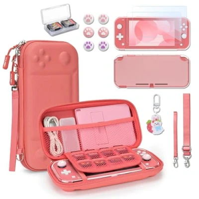 Abbildung von Younik Switch Lite Hülle, 14 in 1 Zubehör mit Tasche, klare Schutzhülle, Spielkartenhülle, 2 Bildschirmschützern, 6 Daumengriffen, Anhänger, Koralle Tragetasche für