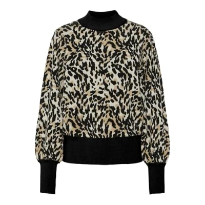 Abbildung von Y.A.S Damen YASFONNY LS Knit Pullover S. NOOS Strickpullover, Black/AOP:Leo Print, XL