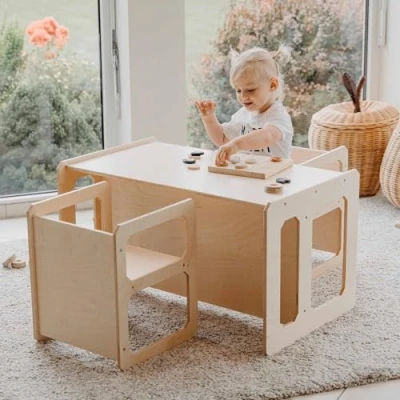 Abbildung von Sweet Home from wood Entwöhnungstisch, Montessori Tisch, Holztisch, Kinderspieltisch, Weaning Table, 1 Tisch und 2 Stühle (Lackiert)
