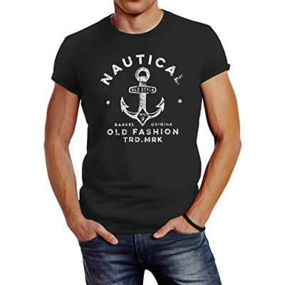 Abbildung von Neverless Anker Motiv Schriftzug Nautical OLD FA Tshirt print, Herren, Größe: Large, Anthrazit