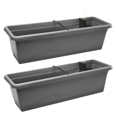 Abbildung von Garronda Blumenkasten Balkon Blumentopf mit Bewässerungssystem und Wasserstandsanzeiger Pflanzen GD 0073 (Anthrazit, 2 Stück, Länge=58,5cm)