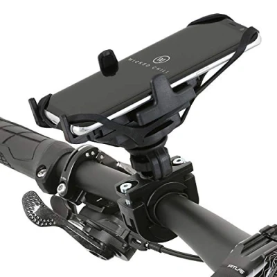 Abbildung von Wicked Chili Fahrrad/Motorrad Smartphone Halterung zur Lenkerbefestigung mit Sicherungsgummi und QuickFix System kompatible Endgeräten 46 bis 76 mm Breite (Made in Germany) schwarz