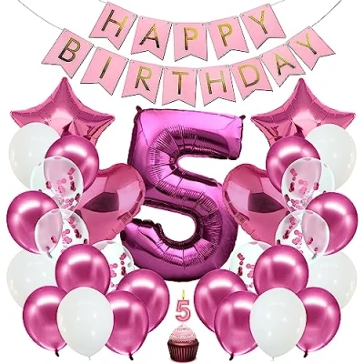 Abbildung von envami® Geburtstagsdeko Mädchen Pink Zahl 5. Geburtstag Happy Birthday Deko Folienballon 5 Luftballon Kindergeburtstag