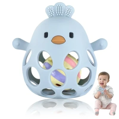 Abbildung von Collazoey Teething Ring Baby Toy, Greifball Für Babys, Montessori Spielzeug Baby, BPA Free Zahnungshilfe &amp; Greifball, Silicone Rattle Geschenk Babys Von 3 18 Monaten (Blue)