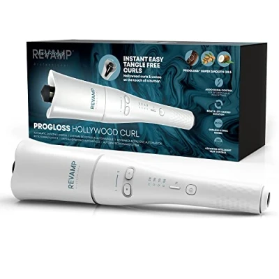 Abbildung von REVAMP Progloss Hollywood Curl automatisch rotierender Hair curler, Lockenstab für Locken &amp; voluminöse Wellen, Keramik Ionen mit pflegenden Ölen, Hitzeschutzmatte Amazon Exklusiv, Weiß